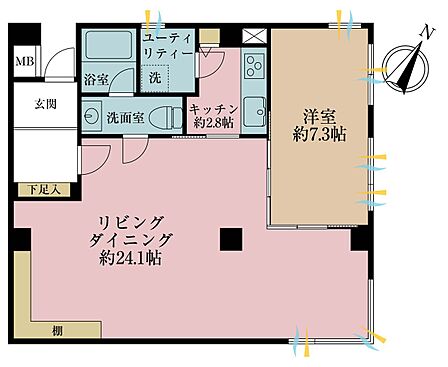 1LDK、専有面積77.52m2