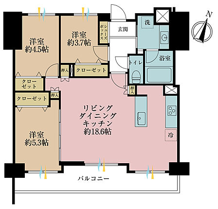 3LDK、専有面積76.02m2、バルコニー面積9.89m2