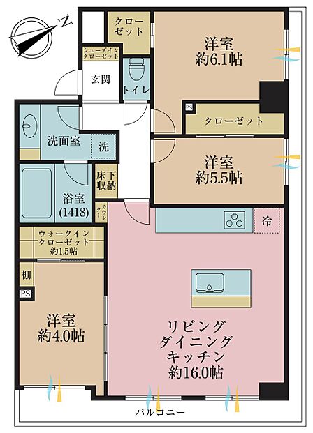 3LDK、専有面積72.95m2、バルコニー面積8.92m2