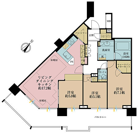 3LDK、専有面積81.57m2、バルコニー面積28.99m2