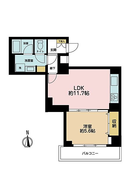 1LDK、専有面積44.65m2、バルコニー面積3.88m2
