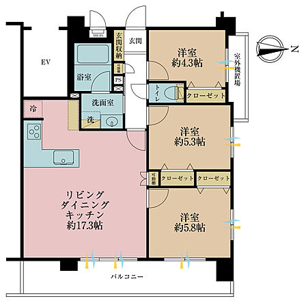 3LDK、専有面積70.69m2、バルコニー面積12.5m2