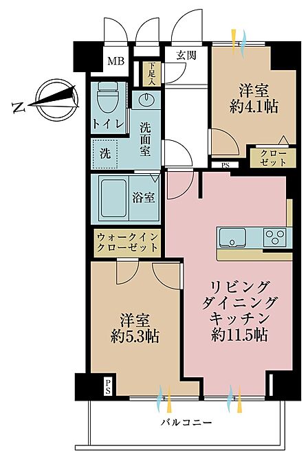 2LDK、専有面積51.15m2、バルコニー面積6.47m2