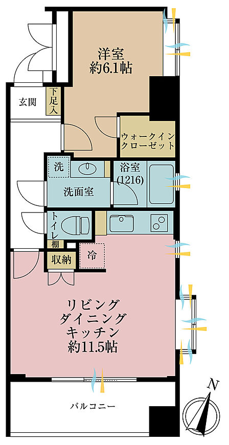 1LDK、専有面積44.1m2、バルコニー面積8.64m2