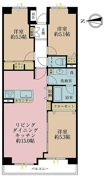 3LDK、専有面積64.44?、バルコニー面積7.84?