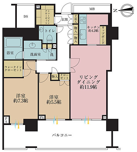 2LDK、専有面積75.51m2、バルコニー面積20.28m2