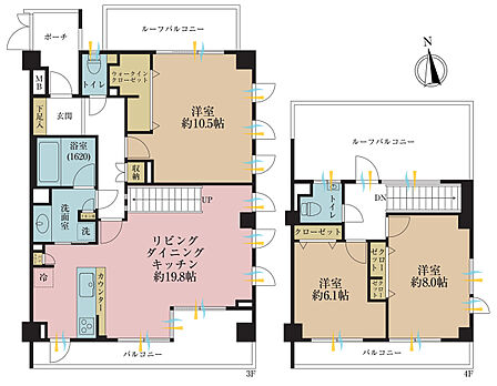 3LDK、専有面積105.41m2、バルコニー面積15.64m2