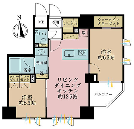 2LDK、専有面積54.47m2、バルコニー面積4.18m