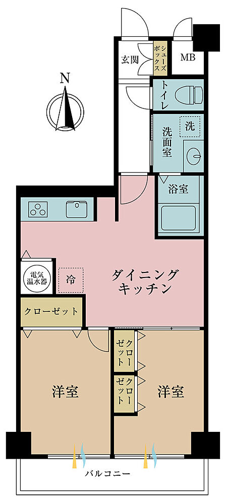2DK、専有面積51.42m2、バルコニー面積4.99m2