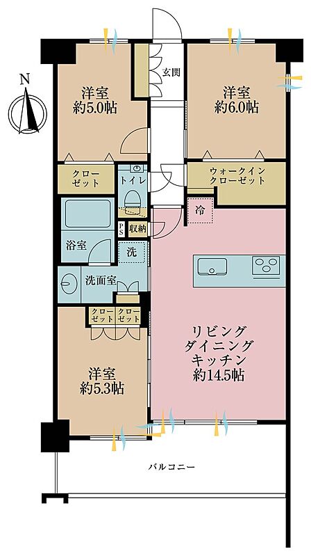 3LDK、専有面積70.07m2、バルコニー面積11.83m2