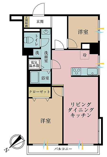 2LDK、専有面積52.51m2、バルコニー面積7.35m2