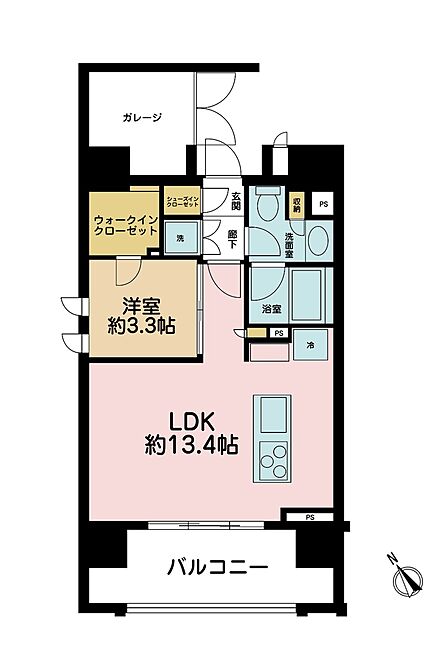 1LDK、専有面積45.37m2、バルコニー面積9.45m2