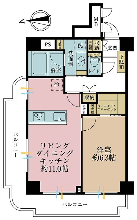 1LDK、専有面積46.02m2、バルコニー面積13.75m2