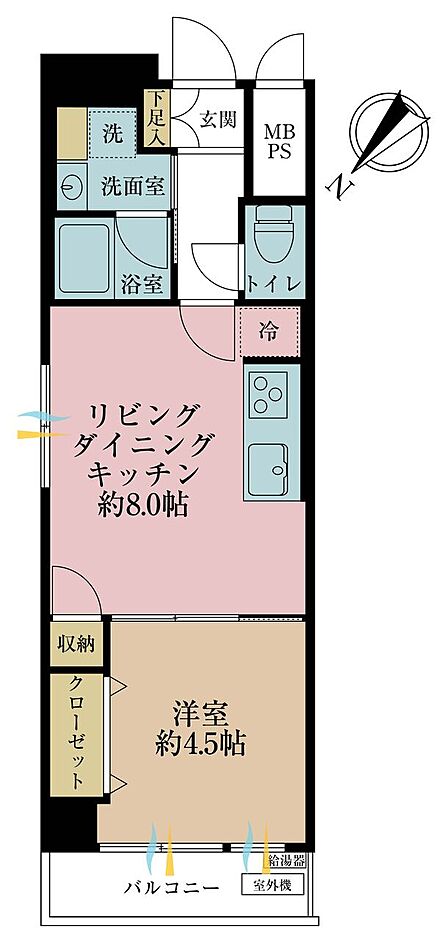 1LDK、専有面積34.43m2、バルコニー面積3.42m2