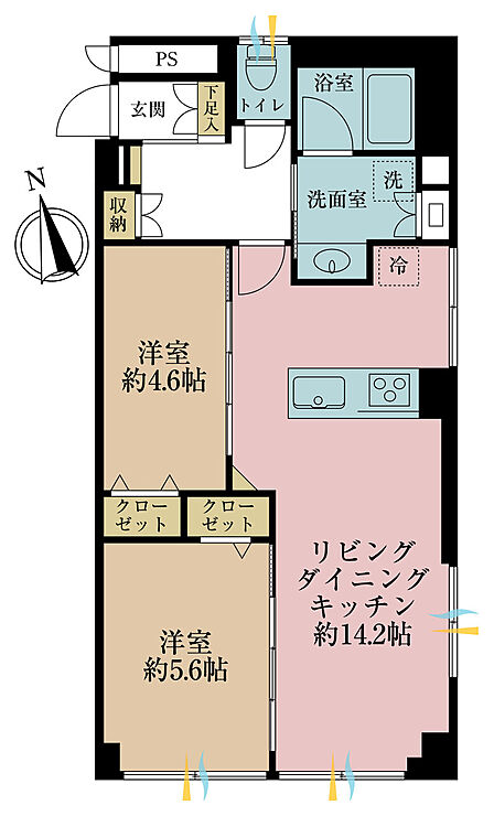 2LDK、専有面積61.56m2