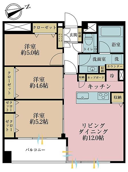 3LDK、専有面積59.34m2、バルコニー面積7.29m2