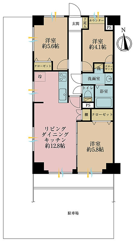 3LDK、専有面積64.49m2、バルコニー面積6.96m2