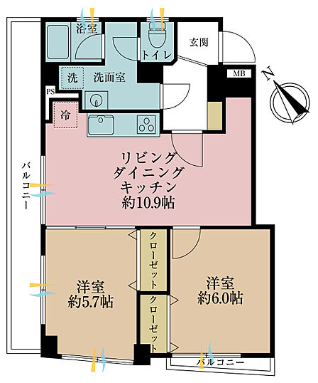 2LDK、専有面積52.01m2