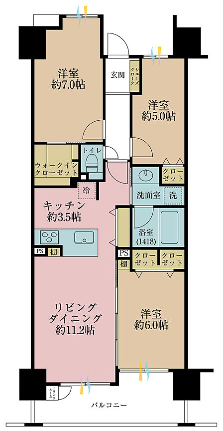 3LDK、専有面積71.88m2、バルコニー面積9.87m2