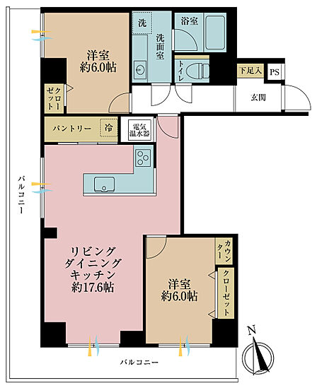 2LDK、専有面積69.04m2、バルコニー面積24.83m2