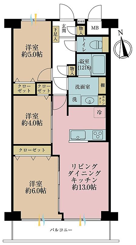 3LDK、専有面積64.4m2、バルコニー面積6.72m2