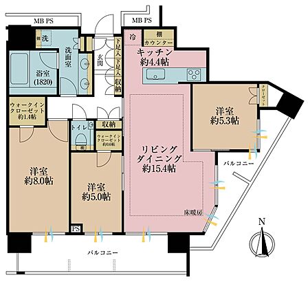 3LDK、専有面積86.62m2、バルコニー面積22.03m2