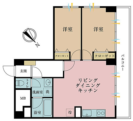 2LDK、専有面積56.63m2、バルコニー面積10.04m2