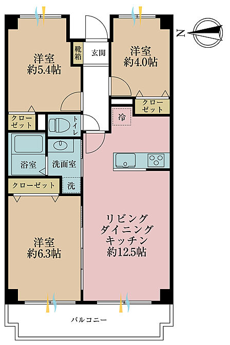 3LDK、専有面積61.69m2、バルコニー面積10.51m2