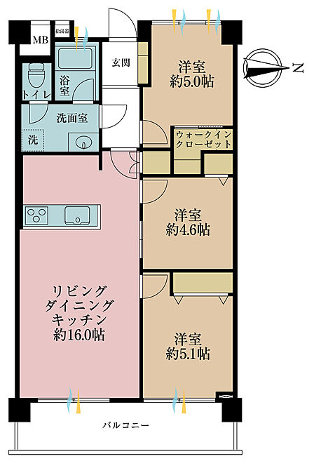 3LDK、専有面積70.47m2、バルコニー面積9.75m2