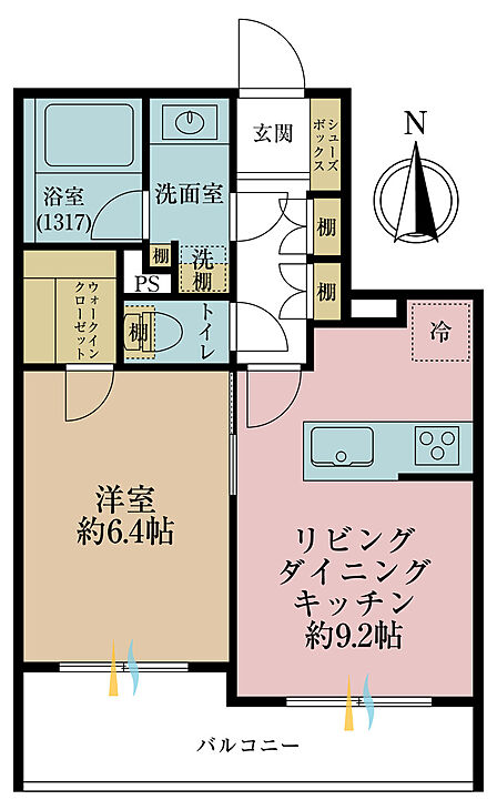 1LDK、専有面積39.85m2、バルコニー面積8.07m2
