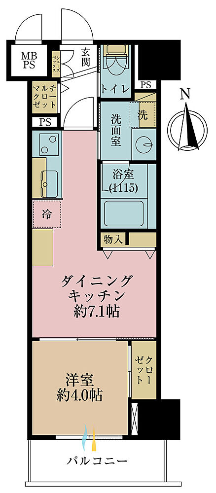 1DK、専有面積30.48m2、バルコニー面積3.49m2