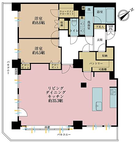 2LDK、専有面積124.96m2、バルコニー面積36.67m2