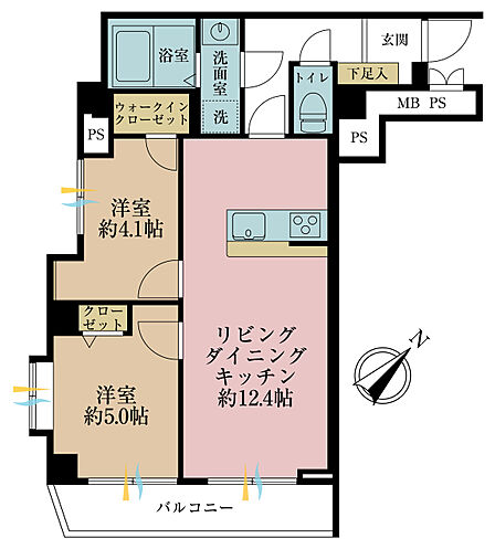 2LDK、専有面積51.13m2、バルコニー面積5.42m2
