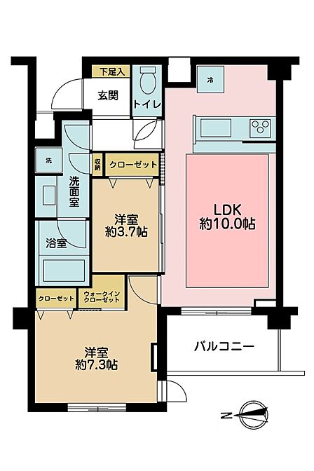 2LDK、専有面積53.46m2、バルコニー面積5.44m2