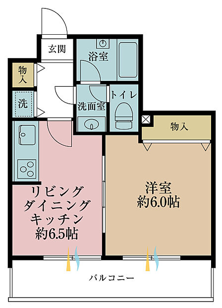 1LDK、専有面積32.42m2、バルコニー面積6.96m2