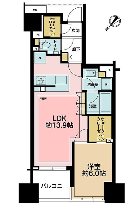 1LDK、専有面積50.94m2、バルコニー面積4.75m2