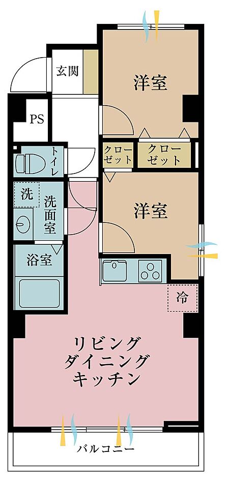 2LDK、専有面積47.74m2、バルコニー面積4.9m2
