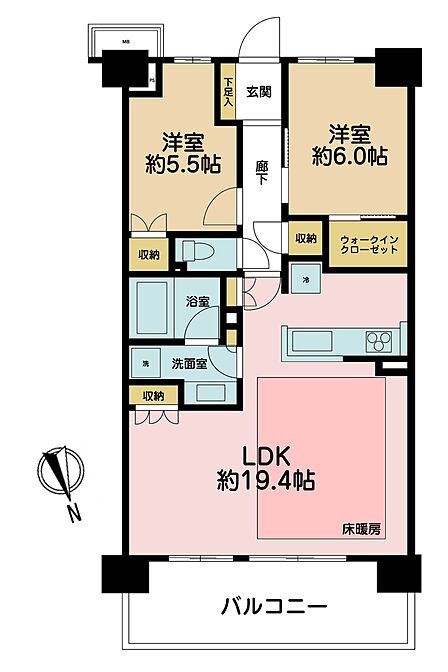 2LDK、専有面積68.36m2、バルコニー面積12.1m2