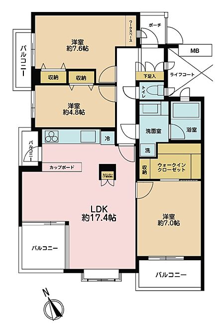3LDK、専有面積83.45m2、バルコニー面積14.48m2