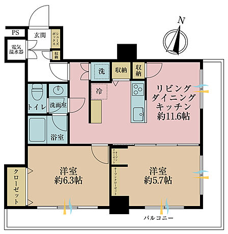 2LDK、専有面積50.52m2、バルコニー面積14.86m2