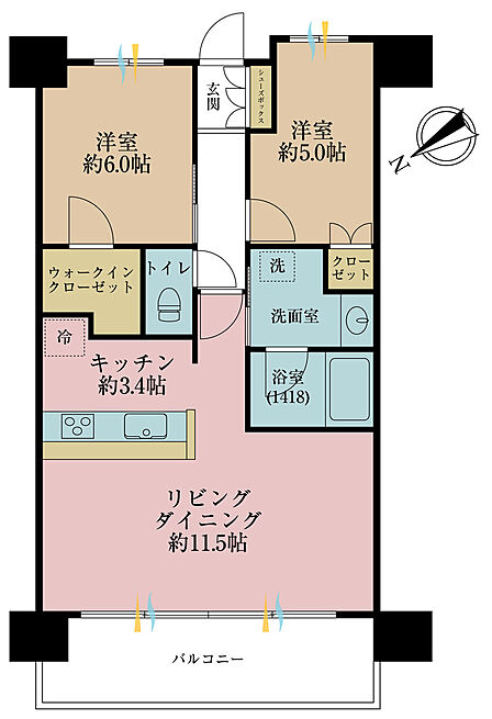 2LDK、専有面積57.9m2、バルコニー面積10.83m2