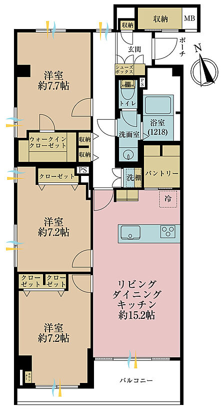 3LDK、専有面積90.59m2、バルコニー面積10.45m2