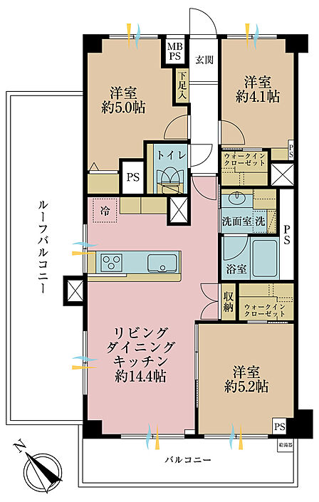 3LDK、専有面積69.57m2
