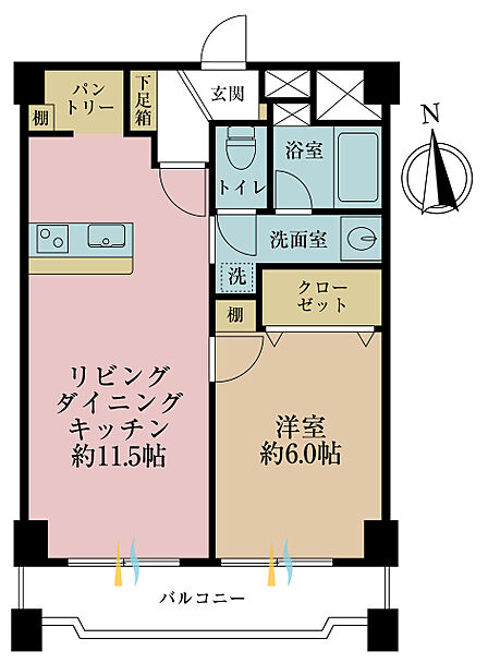 1LDK、専有面積41.25m2、バルコニー面積6.08m2