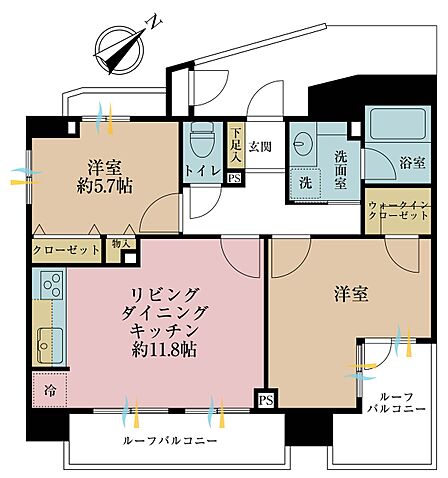 2LDK、専有面積59.49m2、バルコニー面積13.36m2