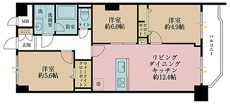 3LDK、専有面積61.6m2、バルコニー面積6.42m2