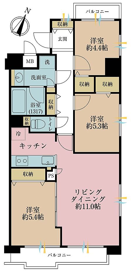 3LDK、専有面積66.22m2、バルコニー面積10.35m2