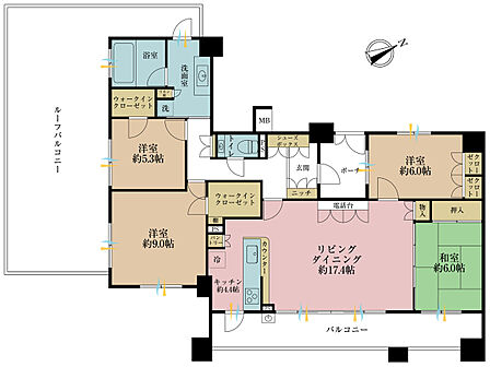 4LDK、専有面積111.05m2、バルコニー面積11.29m2
