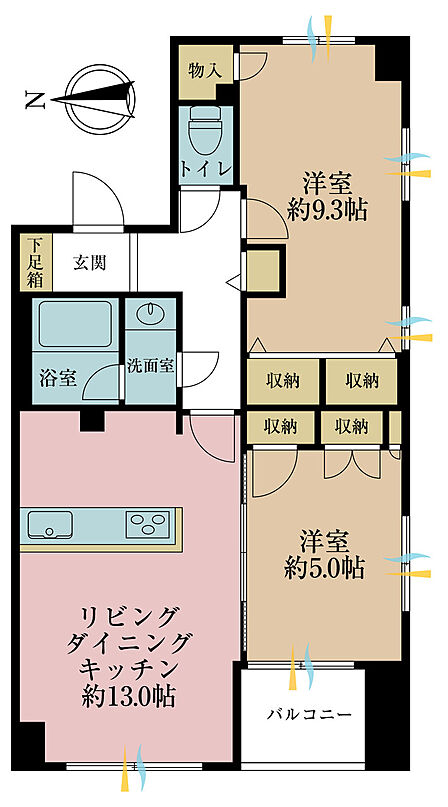 2LDK、専有面積60.19m2、バルコニー面積4.05m