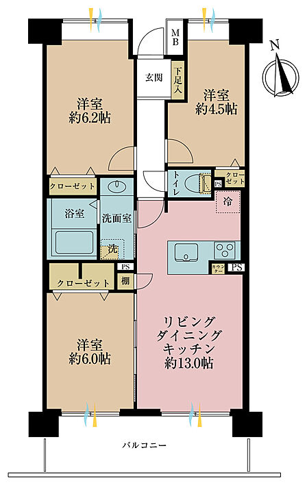 3LDK、専有面積63.6m2、バルコニー面積10.8m2